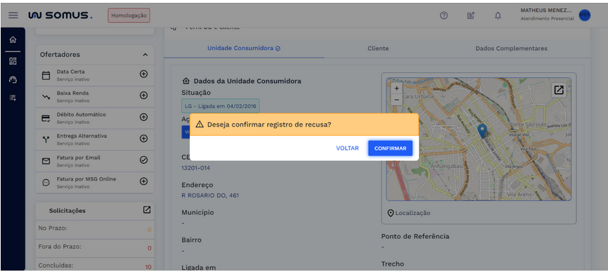 Caixa de dialógo Confirmar registro de recusa
