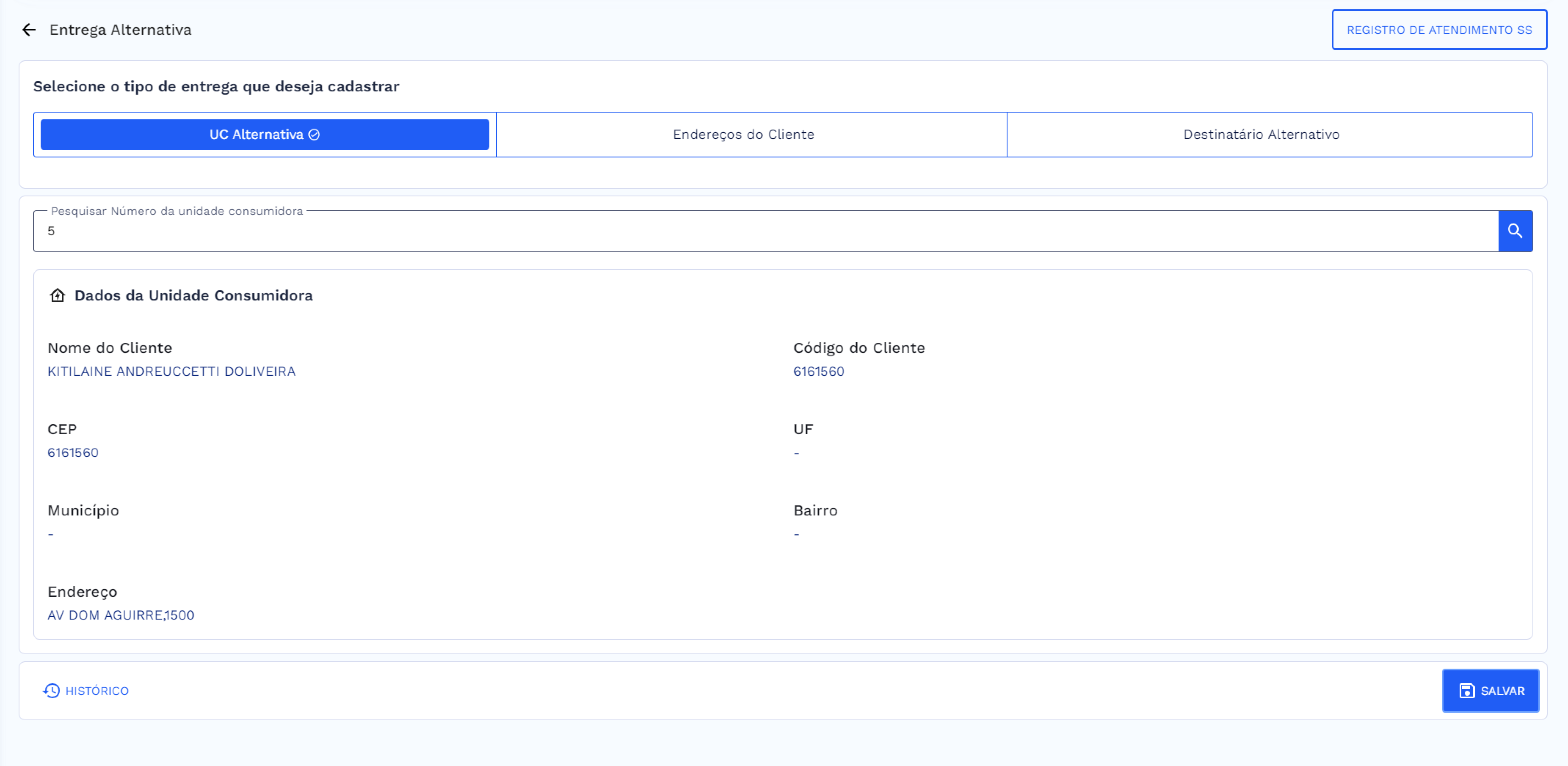 Tela de Entrega Alternativo, tipo de entrega selecionada: UC Alternativa