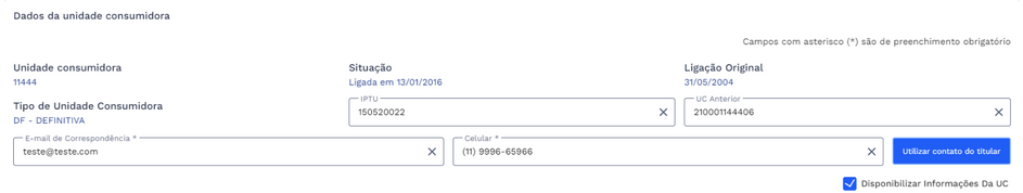 Card de dados da unidade consumidora