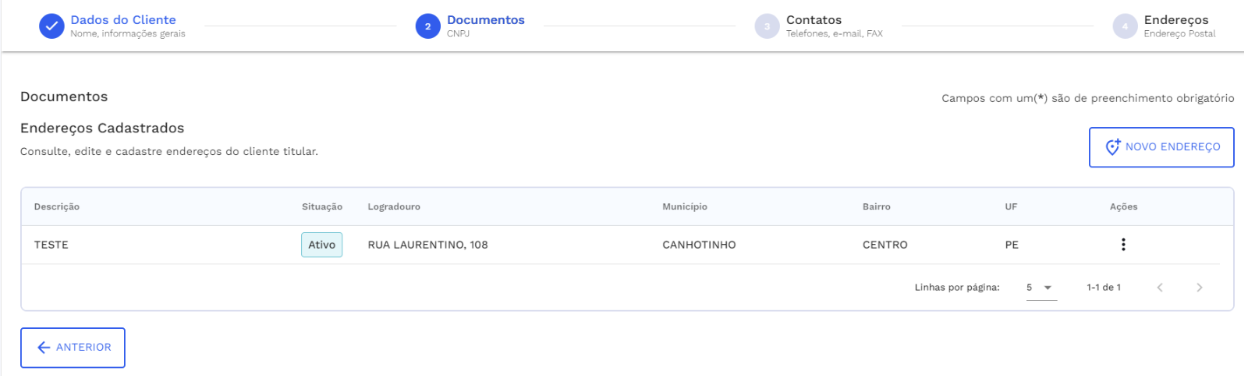 Listagem de endereços vinculados ao cliente