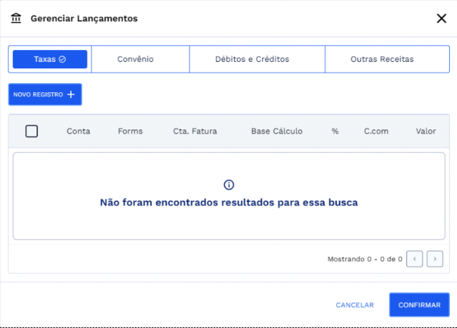 Gerenciar Lançamentos: Taxas