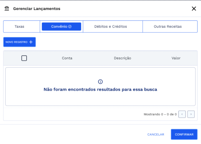 Gerenciar Lançamentos: Convênio