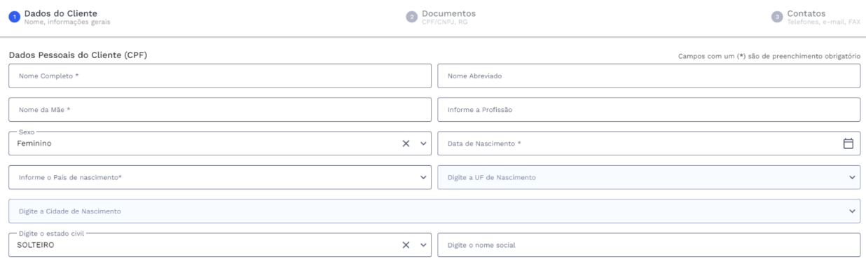 Card dos dados do cliente: Dados Pessoais
