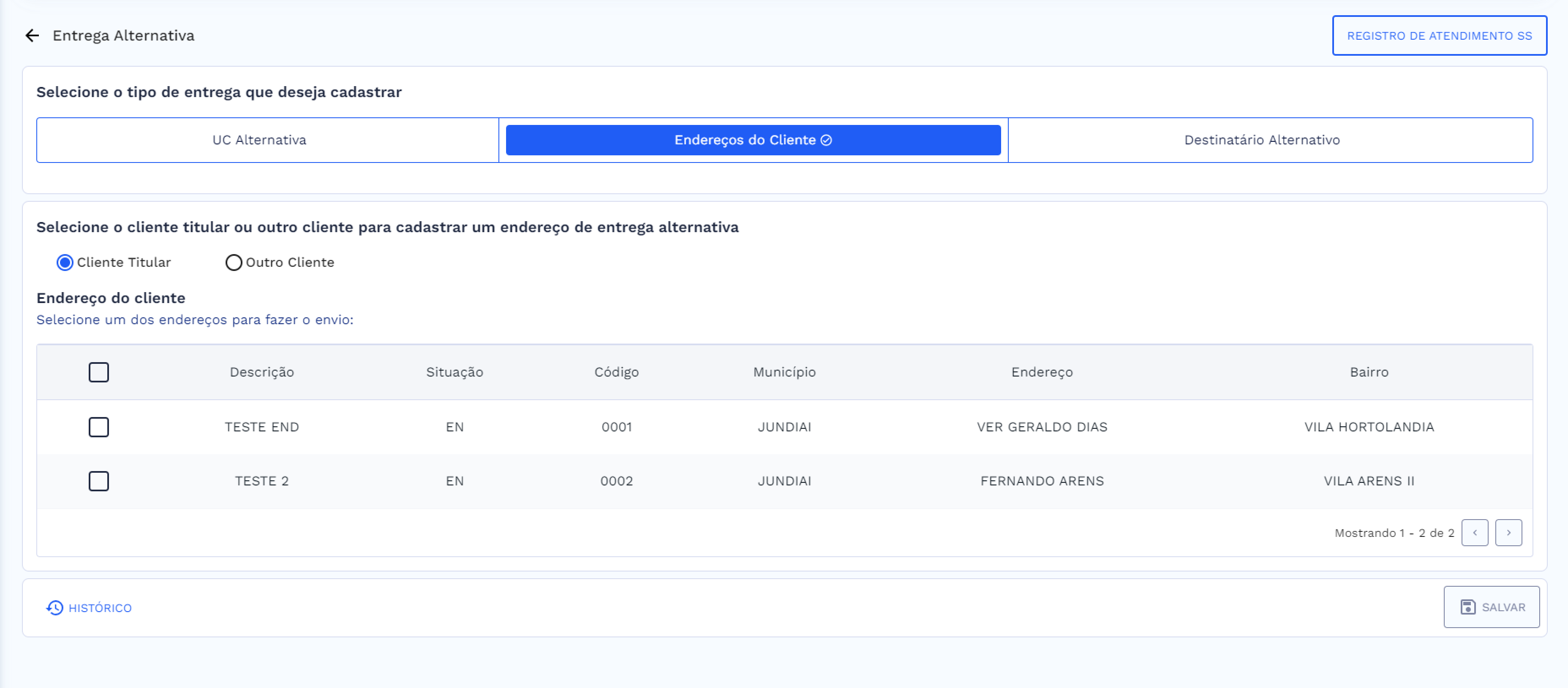 Tela de Entrega Alternativo, tipo de entrega selecionada: Endereços do Cliente – Cliente Titular