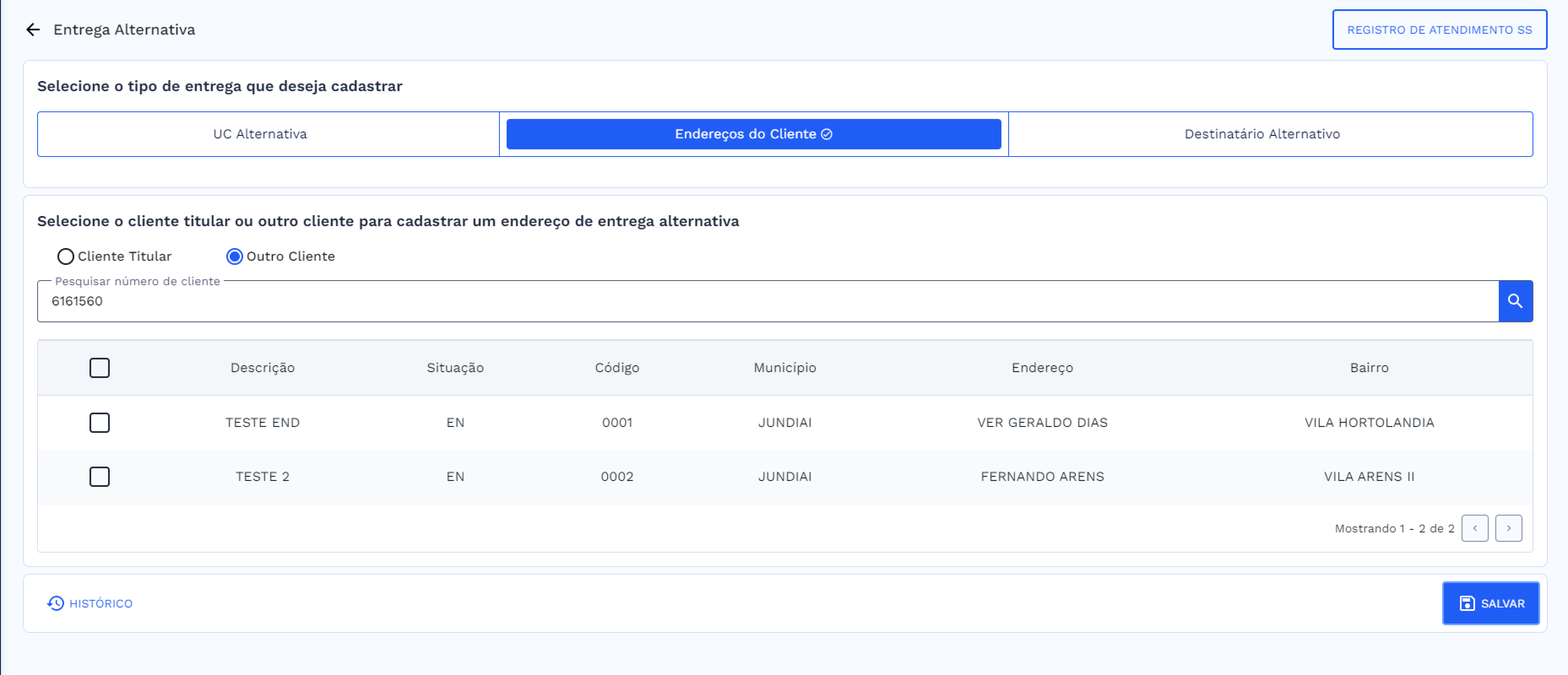 Tela de Entrega Alternativo, tipo de entrega selecionada: Endereços de Cliente – Outro Cliente