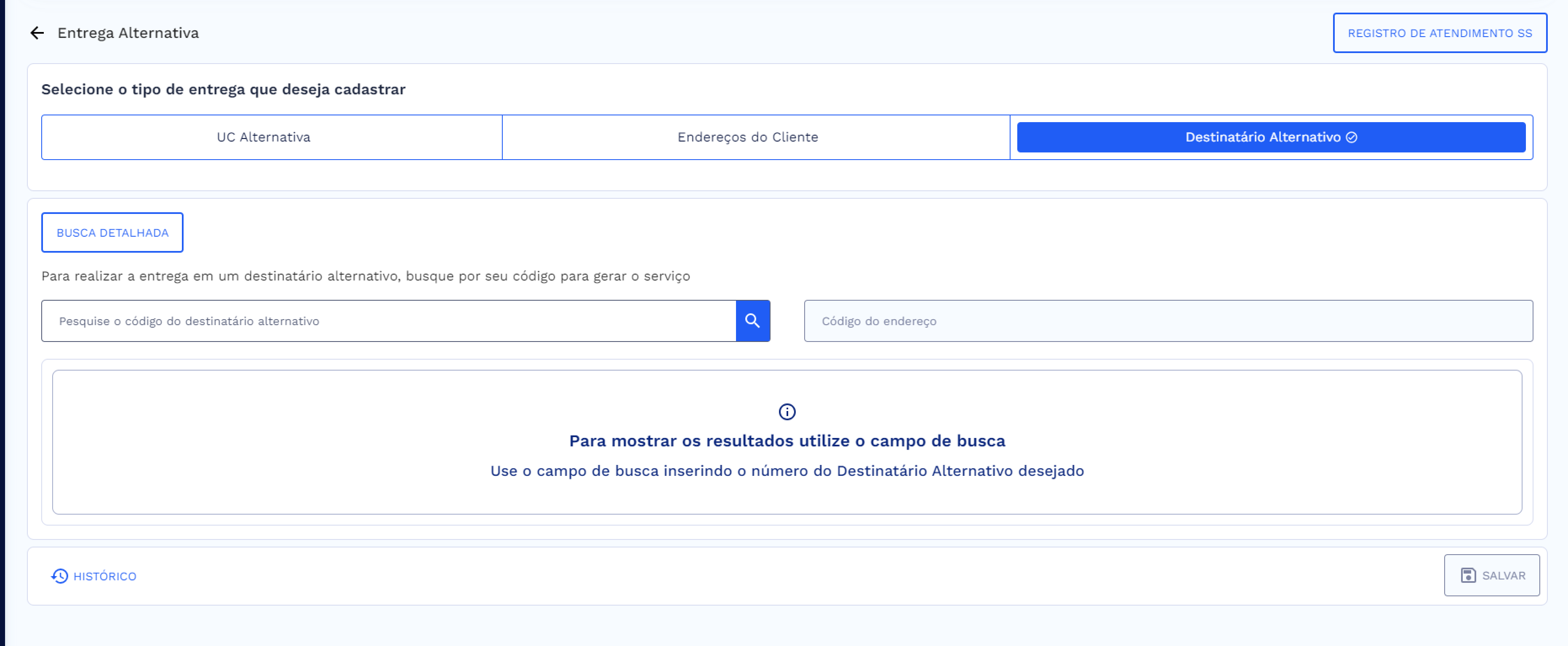 Tela de Entrega Alternativo, tipo de entrega selecionada: Destinatário Alternativo – Busca Simplificada