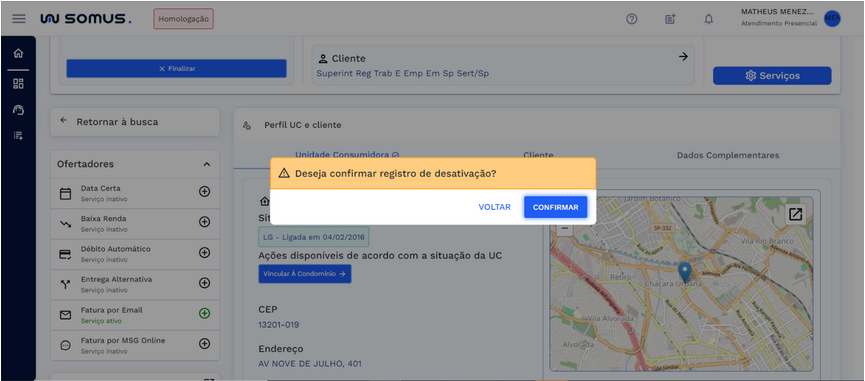 Caixa de dialógo confirmar registro de desativação