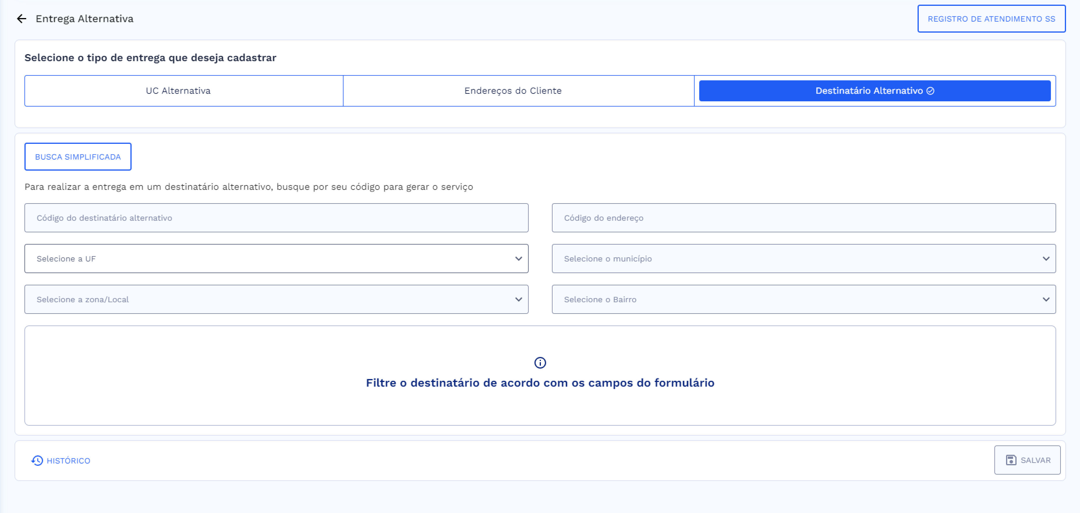 Tela de Entrega Alternativo, tipo de entrega selecionada: Destinatário Alternativo – Busca Avançada