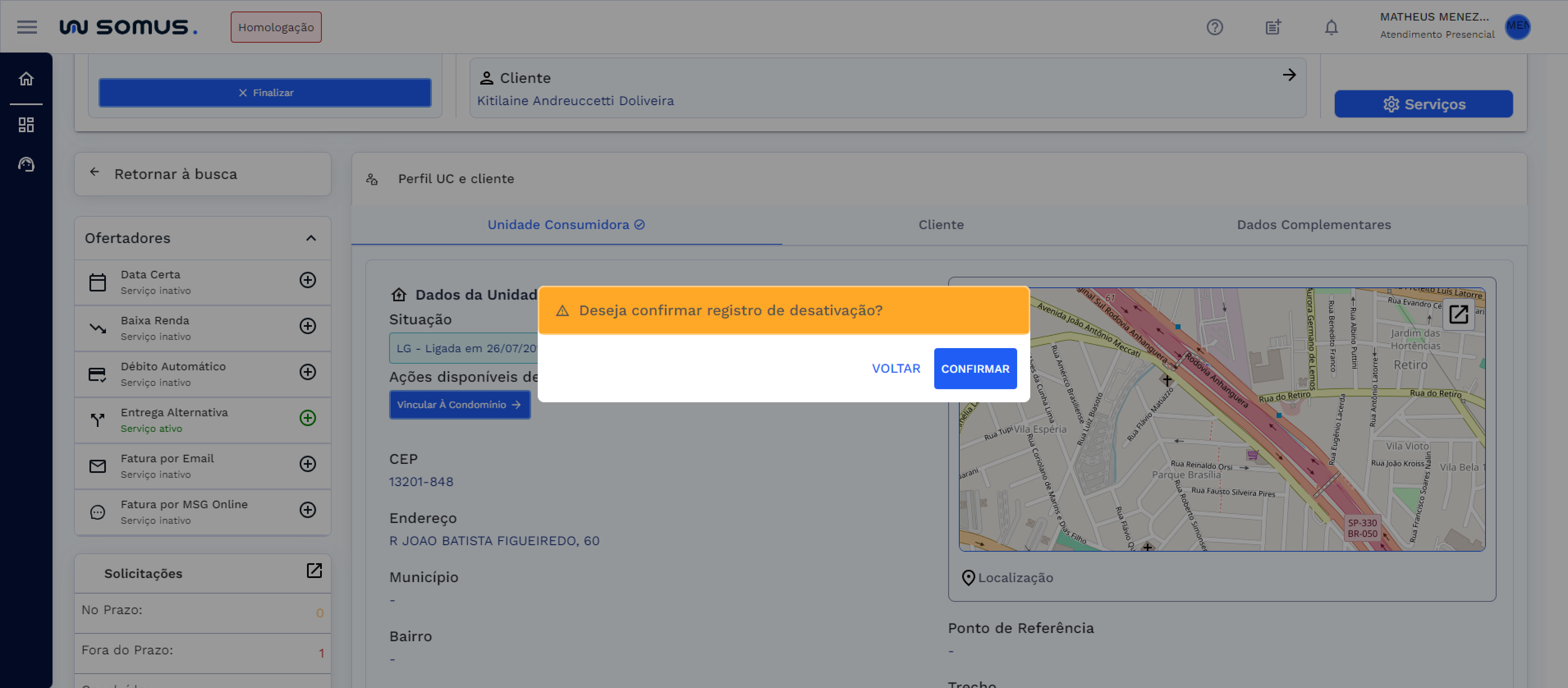 Caixa de diálogo: Confirmar registro de desativação?