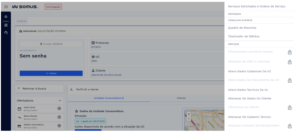 Caminho de acesso pelo botão e menu de serviços e consultas